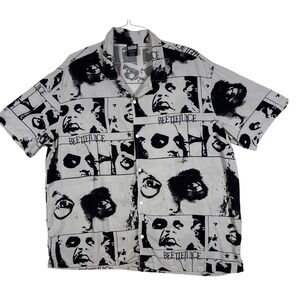 Beetlejuice Mens 2XL Button Up Shirt Black White Rayon Movie Graphic Camp Collar